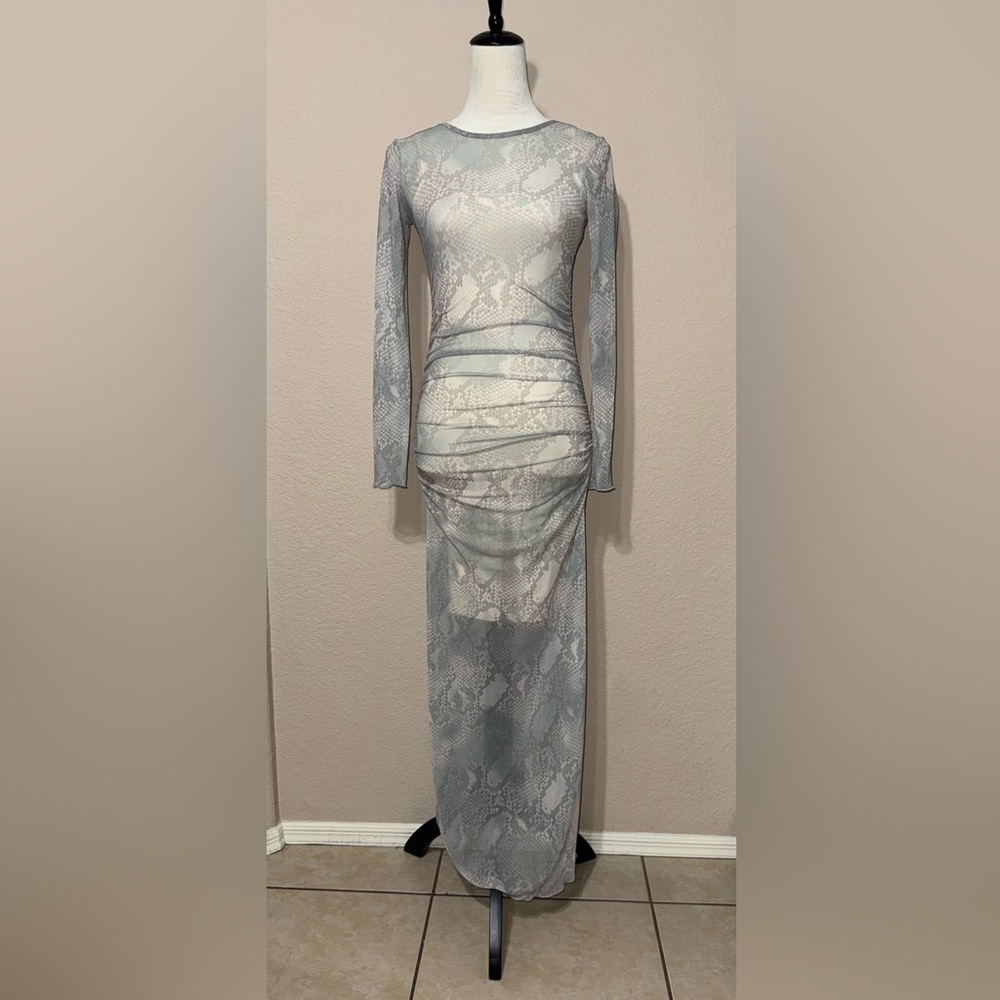 Sheer Collection No Comment Ruched Slim Fit Animal Print Mesh Maxi Dress Size S